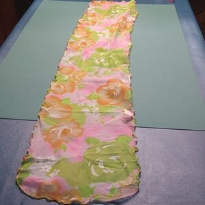 Vintage Floral Hot Pink Chiffon Scarf  Oblong Neck/ Hair Nylon Scalloped Edge